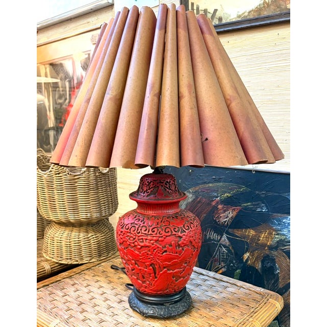 Antique Asian Red Cinnabar Lamp With Original Paper Pleated Shade For Sale - Image 10 of 12