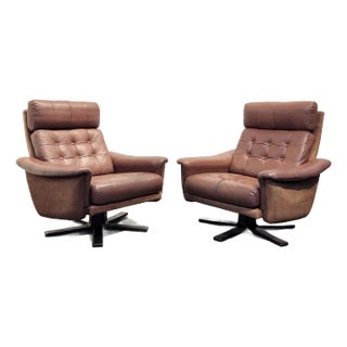 Pair of Mid Century Modern Danish Scandinavian Brown Leather and Suede Swivel Lounge Chairs For Sale