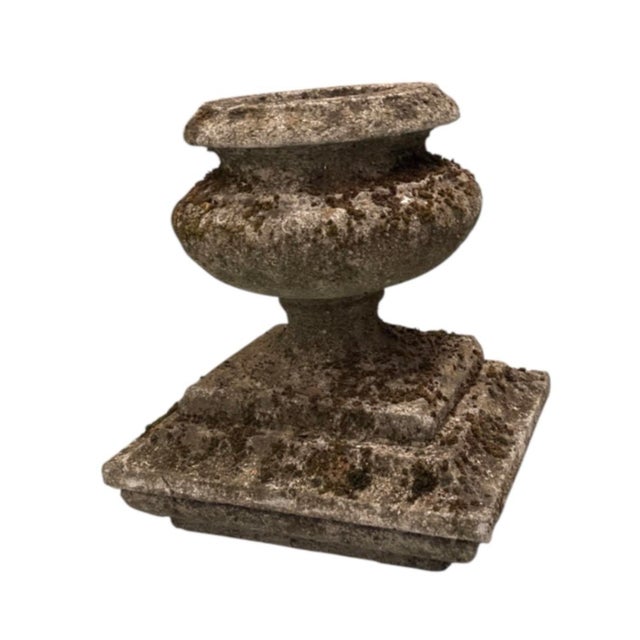1990s Vintage Weathered Cast Stone Garden Urn Planter on Stepped Square Pedestal Base For Sale - Image 5 of 12