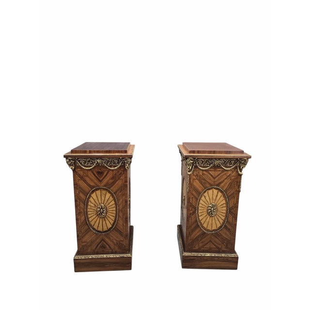 Bronze Vintage French Louis XVI Style Parquetry and Ormolu Display Pedestals - Pair For Sale - Image 8 of 10
