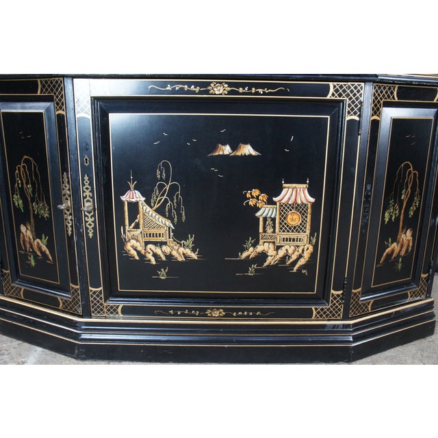 Vintage Jasper Black Lacquer Chinoiserie China Display Cabinet Pagoda Landscape, Attributed For Sale - Image 13 of 13