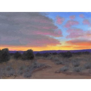 Evening Over a Dry Wash by Stephen Day | Oil on Panel Landscape at dusk with clouds and shrubs For Sale