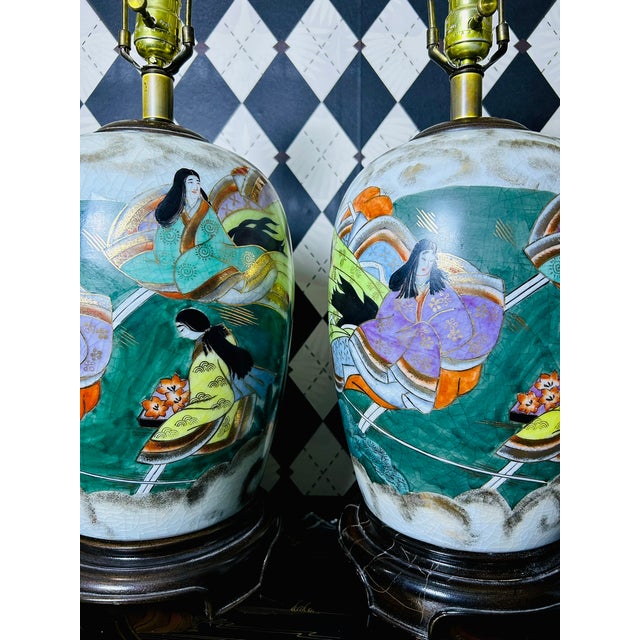 1950s Hand-Painted Japanese Porcelain Tabletop Lamps Pair Court Ladies, Large 32"h For Sale - Image 15 of 18