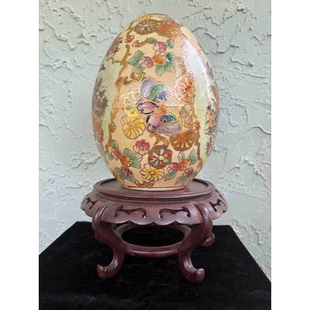 Wood Large Chinese Hand-Painted Porcelain Decorative Egg With Carved Wood Stand, 14.5”h For Sale - Image 7 of 9