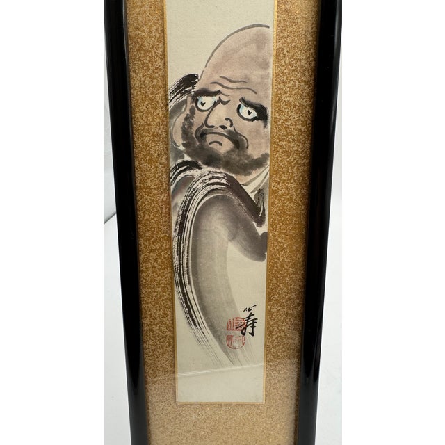 Japanese Set of 2 Vintage Japanese Tanzaku Paintings Floral & Drama Zen Art Framed For Sale - Image 3 of 15