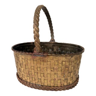 Vintage Woven Brass Basket With Twisted Handle, Warm Aged Patina, C. 1930s–1940s For Sale