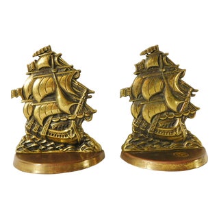 Pair Vintage Mid Century Solid Brass Ornate Nautical Clipper Ship Sailboat Bookends For Sale