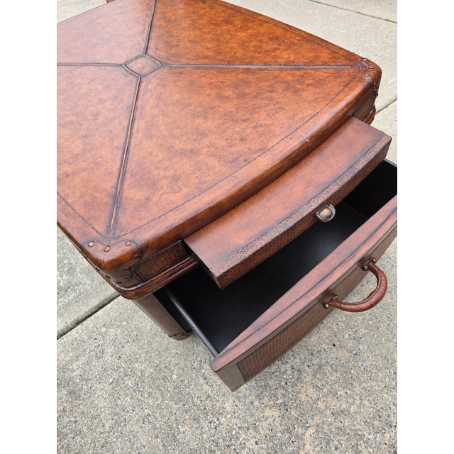1990s Thomasville Leather Wrapped Rattan Coffee Table Trunk East Indies W/ Storage For Sale - Image 14 of 14