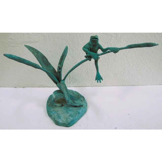 Jumping Frog on Reeds Cold-Cast Bronze Sculpture with Hand Applied Patina The Jumping Frog on Reeds Bronze Statue is a...