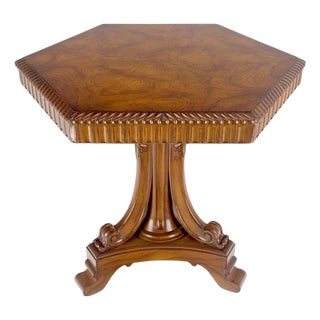Fine Hexagon Burl Wood Top Tripod Carved Scroll Base Rope Edge Center Table MINT For Sale