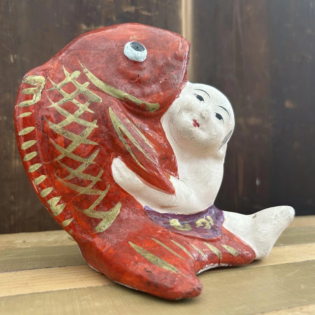 1950s Vintage Japanese Kintarō with Carp Figurine, 1950s For Sale - Image 5 of 13