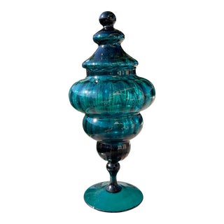 Mid Century Modern Large Optic Teal Empoli Apothecary Jar /Candy Dish/Ginger Jar For Sale