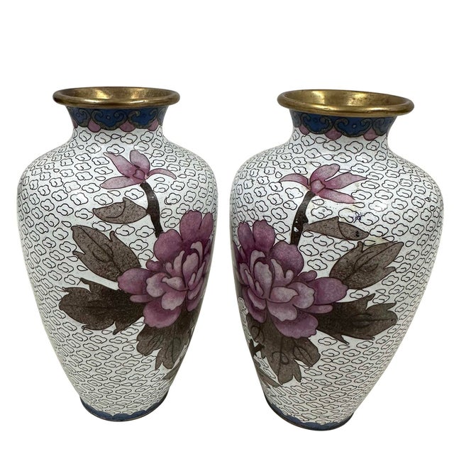 Vintage Chinese Hand-Crafted Cloisonne Vases - A Pair For Sale - Image 4 of 9