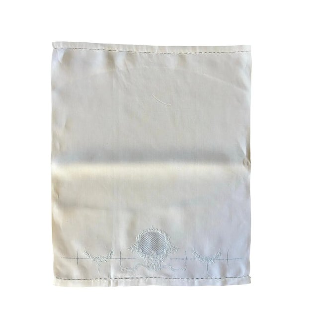 Vintage Heirloom Linen Guest Towel with Hand Drawn Thread Medallion and Blue Embroidery, Single European Fingertip Towel For Sale - Image 10 of 10