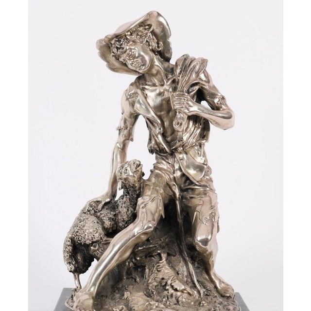 Antique Italian Silvered Bronze Sculpture of Shepherd and Lamb, 1800s For Sale - Image 9 of 15