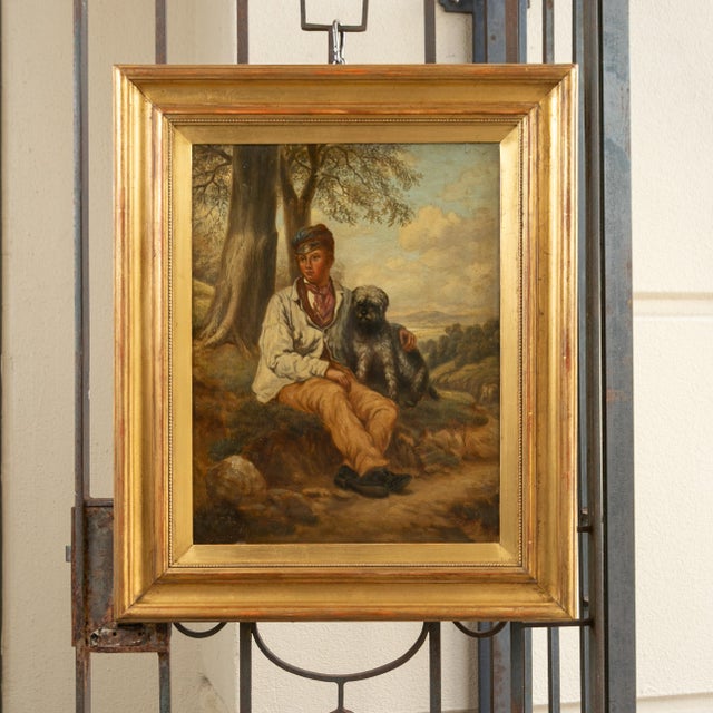 Late 19th Century English 1880s Oil on Canvas Painting of a Boy with His Dog in Antique Gilt Frame For Sale - Image 5 of 12
