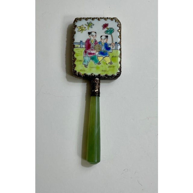 Chinese Antique Chinese Porcelain Hand Mirror With Green Jade Handle – Children at Play For Sale - Image 3 of 4