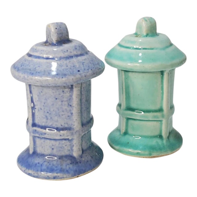 1950s Teal and Periwinkle Ceramic Lantern Salt & Pepper Shakers For Sale