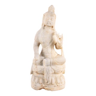 Vintage Chinese Carved White Marble Guanyin Buddhist Sculpture on Lotus Base For Sale