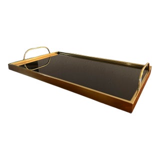 Brass Gold Plated Black Glass Bed Serving Tray Regency Modern Liquor Bar For Sale
