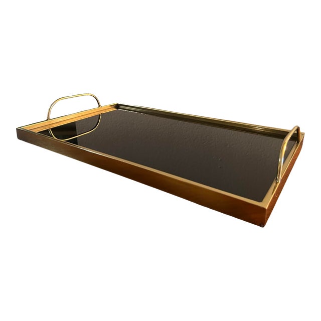 Brass Gold Plated Black Glass Bed Serving Tray Regency Modern Liquor Bar For Sale