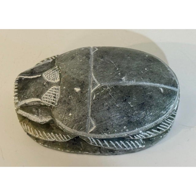 Green Pair Vintage Egyptian Revival Hand Carved Soap Stone Scarab Figurines With Hieroglyphics For Sale - Image 8 of 12