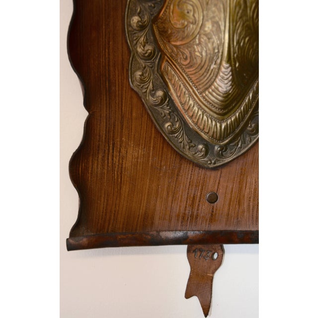 Vintage Bronze Shield on Rustic Leather Scroll Wall Hanging For Sale - Image 4 of 10