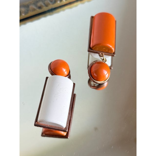 Metal Vintage 1960s Mod Geometric Clip on Earrings Orange White, Attributed to Pierre Cardin, A Pair For Sale - Image 7 of 12