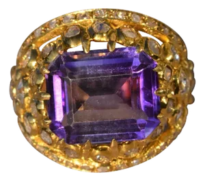 The Florina: Ladies Signed Georgian Amethyst and Diamond Cocktail Ring in 18K Gold