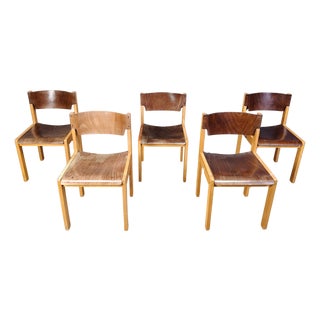 Mid-Century Brown and Birch Stacking Chairs in the style of Sven Markelius, 1980, Set of 5 For Sale
