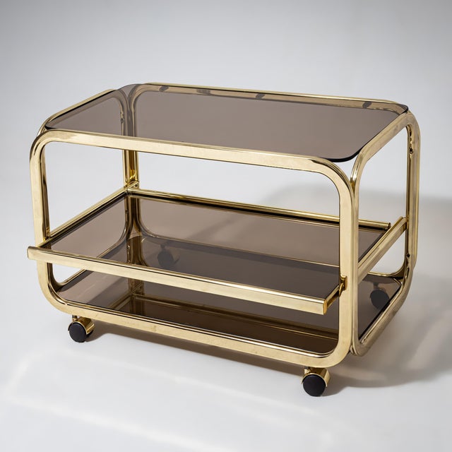 Vintage Brass and Smoked Glass Bar Cart, 1980s For Sale - Image 4 of 10