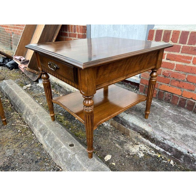 Wood Vintage Ethan Allen Pair of Traditional Style Solid Wood 2 Tier Nightstands Bed Side Tables. For Sale - Image 7 of 12
