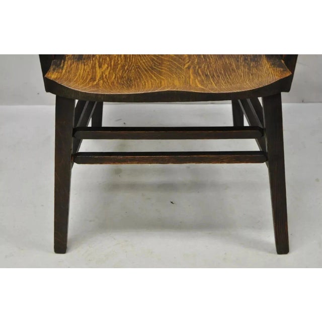 Early 20th Century Antique Arts & Crafts Mission Oak Bowed Spindle Plank Seat School Arm Chair For Sale - Image 11 of 12