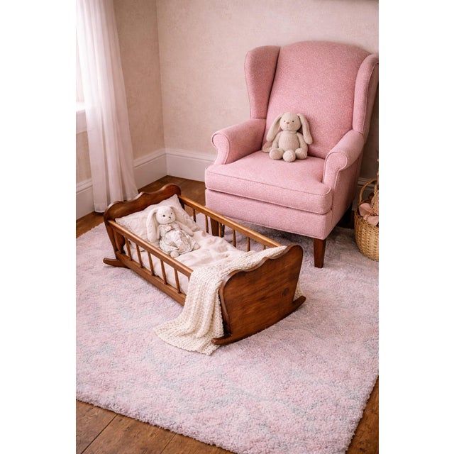 Mid 20th Century Antique Wooden Doll Bed— Spindle-Side Rocking Bed in Old Chapel Walnut Finish, Decorative Nursery Display Piece For Sale - Image 5 of 8