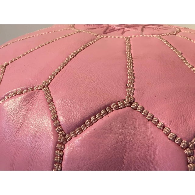 Vintage Mid Century Moroccan Baby Pink Color Hand Tooled Leather Pouf For Sale In Palm Springs - Image 6 of 9