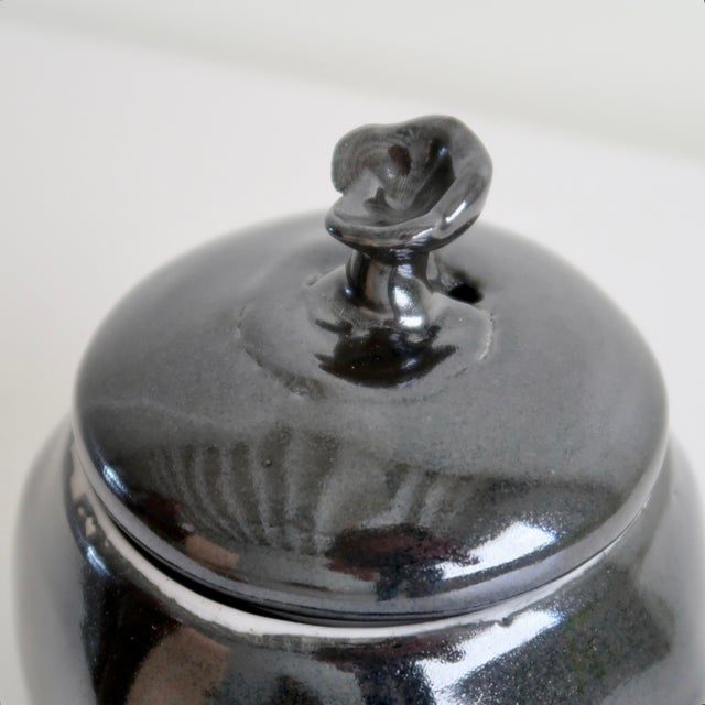 Signed Studio Pottery Lidded Ceramic Round Jar With Abstract Floral Finial in Monochromatic Black Glaze For Sale In Tulsa - Image 6 of 16