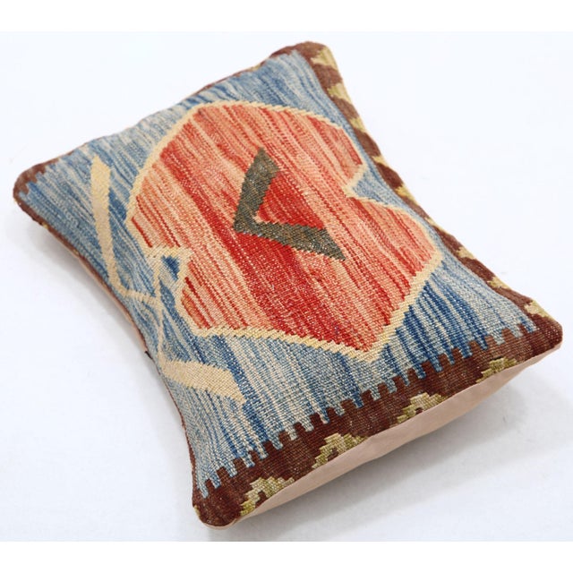 Tribal Arteverk Handwoven Afghan Kilim Lumbar Pillow — Blue & Red Diamond Medallion For Sale - Image 3 of 3