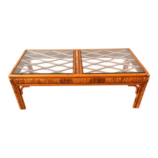 Vintage Split Bamboo & Rattan Glass Top Coffee Table | Coastal Hollywood Regency Woven Cane Style For Sale