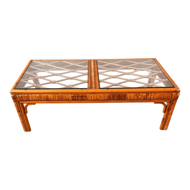 Vintage Split Bamboo & Rattan Glass Top Coffee Table | Coastal Hollywood Regency Woven Cane Style For Sale