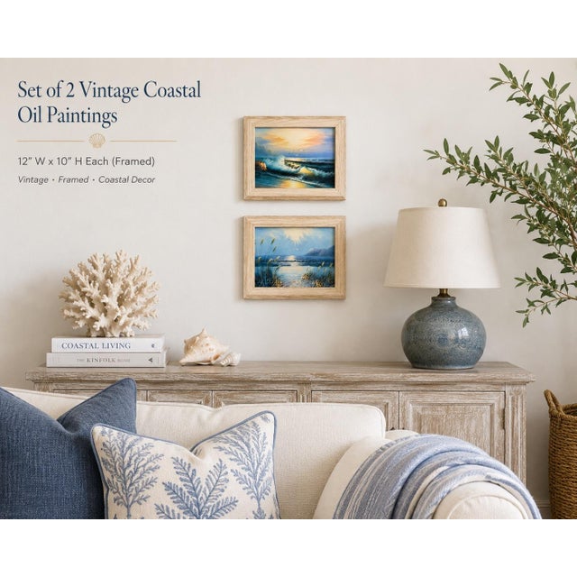 This beautiful set of 2 vintage oil paintings captures the timeless beauty of the coast. One features rolling ocean waves...
