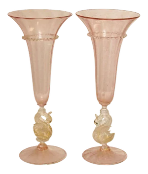 Antique Hand Blown Venetian Salviati Glass Trompet Vases with Swans - A Pair
