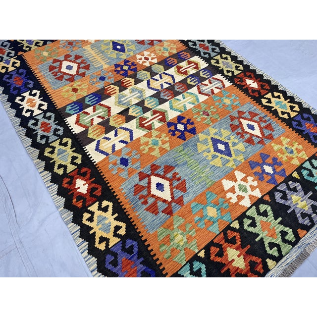 5'6" X 8'2" Multicolor Afghan Chobi Geometric Wool Flatweave Kilim Rug For Sale - Image 6 of 16