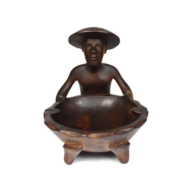 Mid 20th Century Hand Wood Carved Oriental Man Holding Bowl Ashtray For Sale - Image 12 of 12