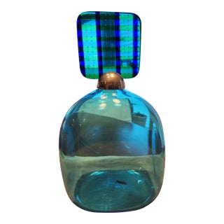 Vintage Murano Fent Italy Blue Glass Sculpture Bottle - Signed Leo De Carlo for Oggetti For Sale