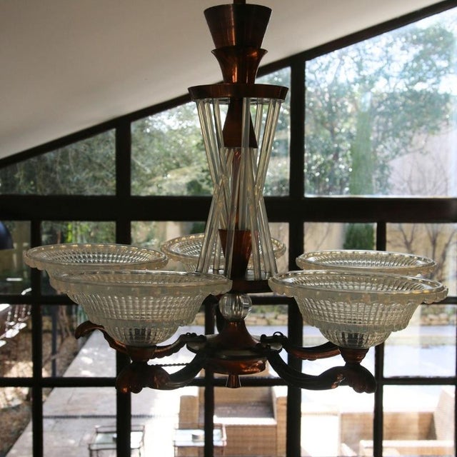 French Art Deco Chandelier in Opalescent Glass and Copper by Ezan-Petitot, 1930s For Sale - Image 3 of 18