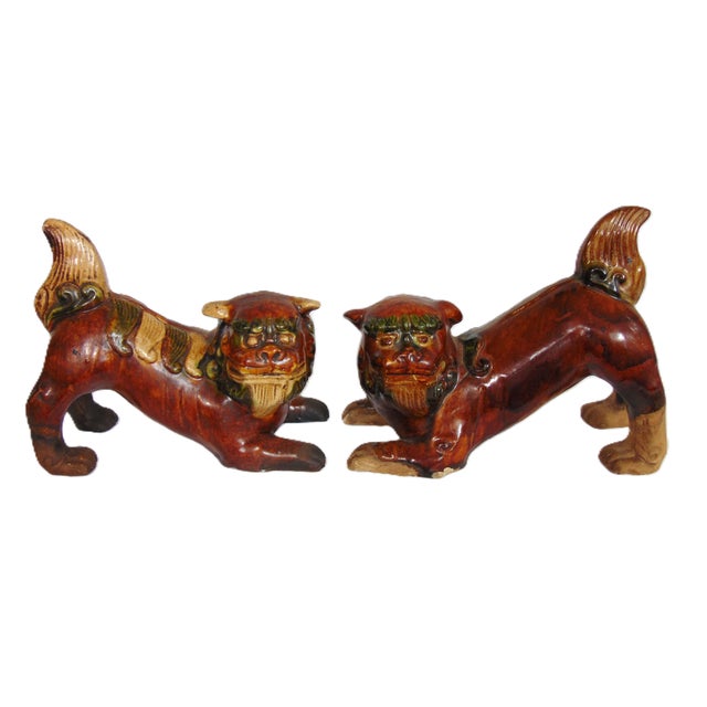 Brown Pair of Glazed Foo Dogs 7 3/4"w X 7"h For Sale - Image 8 of 9