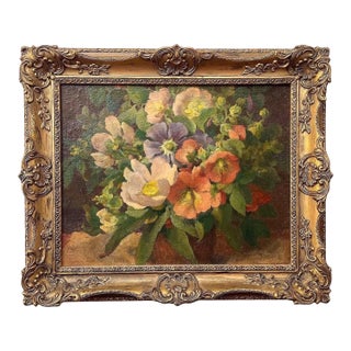 Semi Antique Oil on Linen Board Floral Painting in Ornate Gold Frame For Sale