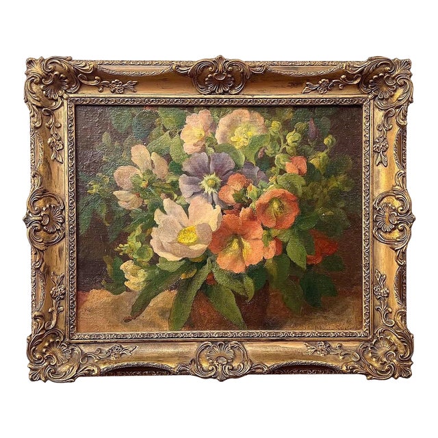 Semi Antique Oil on Linen Board Floral Painting in Ornate Gold Frame For Sale