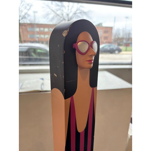 1980s Postmodern Tall Wooden Swimsuit Girls Painted Wooden Sculpture Pair by J.W. Eaton For Sale - Image 4 of 8