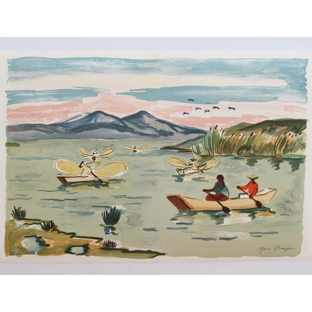 Mexican fishermen in lake patzcuaro', lithograph by yves brayer (1963). The artist, yves brayer, spent time painting in...